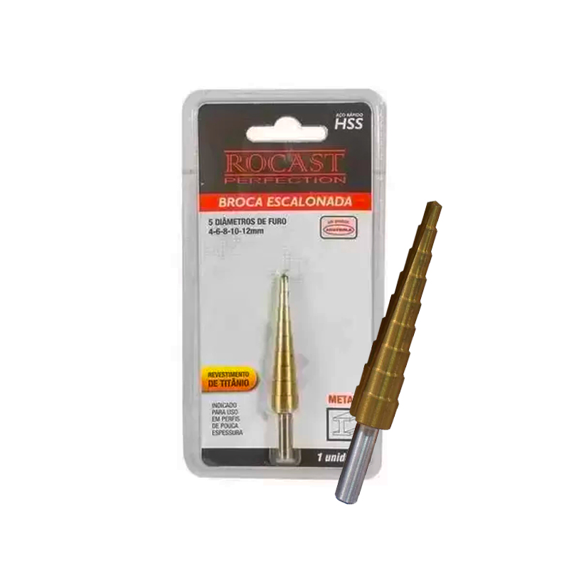 BROCA ESCALONADA ACO RAP. BANHO TITANIO 4MM A 12MM ROCAST
